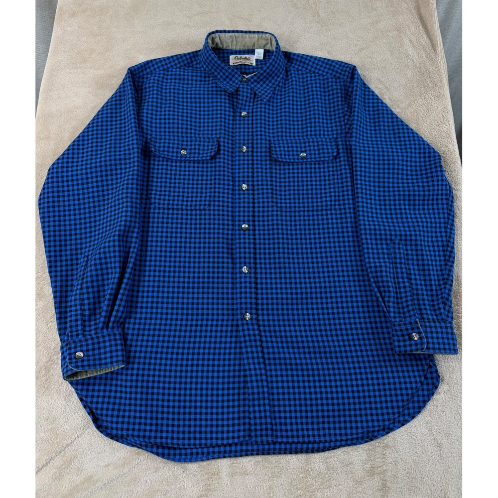 Cabelas Flannel Shirt Mens size XL Blue Black Gingham Check Corduroy Collar EUC